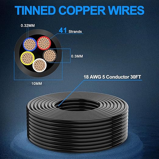 NAOEVO 18 Gauge Wire 5 Conductor Electrical Wire, 18 AWG Stranded PVC Cord, 12V Low Voltage/Tinned Copper/Flexible Cable for Automotive Wiring, Lamp Cord, Marine Cable (30FT)