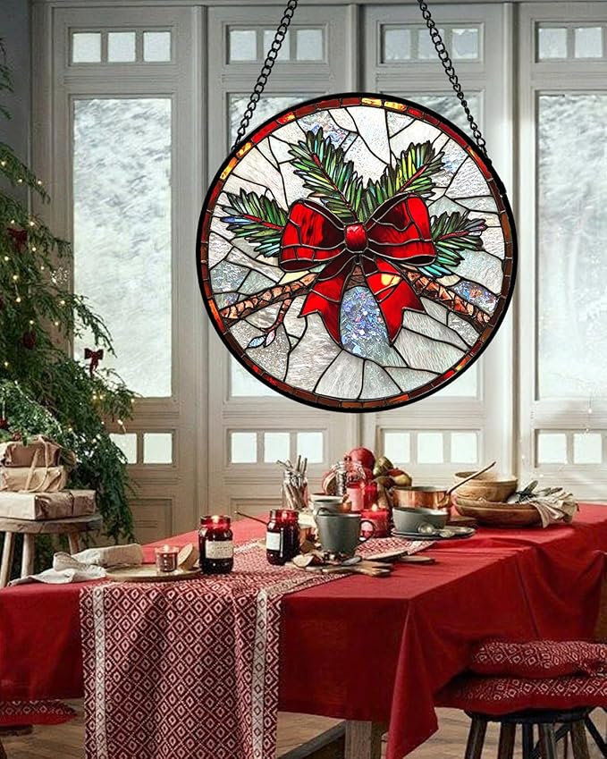 DASTOLL Stained Glass Window Hanging - Pine Branches Red Bow Suncatcher for Doors Home Christmas Decoration Silver Sun Catcher Thanksgiving New Year Birthday Gifts for Women Men Mom Nana 11.8 in
