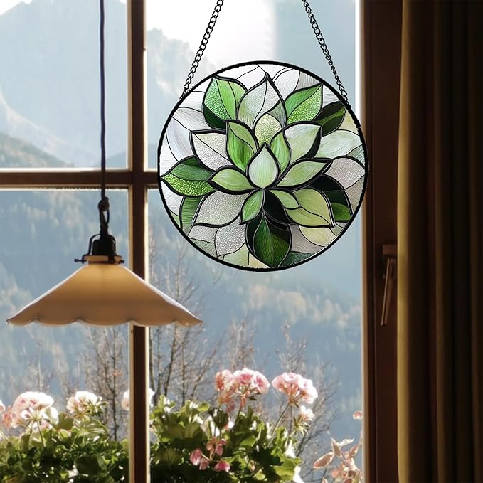 CRISGIF Stained Glass Window Hanging - Ireland Green Plants Suncatcher for Doors Garden Succulent Sun Catchers Decor Mother's St. Patrick's Day Birthday for Women Men Mom Nana 6.3 in