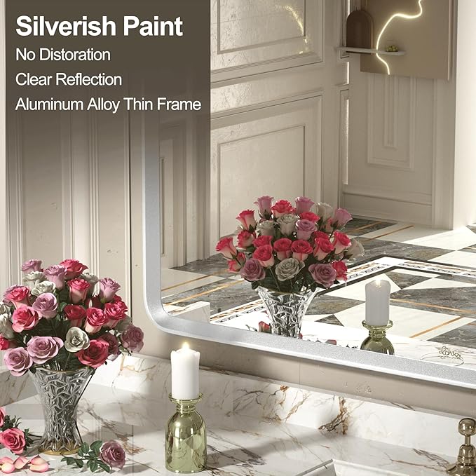 22x30 Inch Silver Bathroom Mirror, Silver Metal Frame Mirror, Rounded Rectangle Bathroom Vanity Mirror, Shatterproof, Anti-Rust (Horizontal/Vertical)