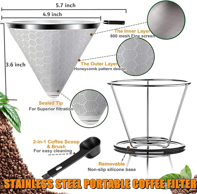 Pour Over Coffee Dripper, Reusable Cone Coffee Filter 1-4 cup, Stainless Steel - Image 3