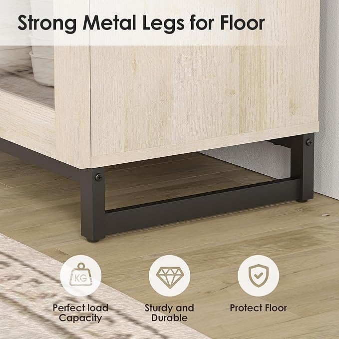 WAMPAT Modern TV Stand with Glass Doors for 32-70 inch TVs, 2 in 1 Entertainment Center Console with Adjustable Shelves for Living Room, Bedroom, Light Oak