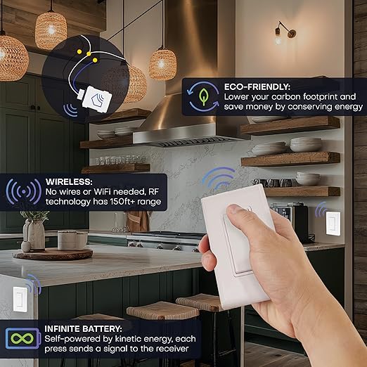 RunLessWire 4-Way Battery-Free DIY Wireless Light Switch Kit 150ft RF Range Self-Powered by Kinetic Energy for Hallways & Stairways: 3 Remote Switches Control 1 5A On/Off Receiver – Black