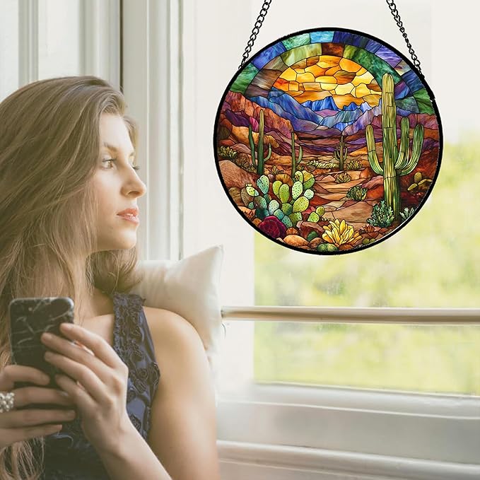 CRISGIF Stained Glass Window Hanging Cactus Mountains Landscape Large 11.8" - Suncatcher Door Garden Sunroom Sun Catcher Home Decor Birthday Christmas for Mom Men Woman Nana