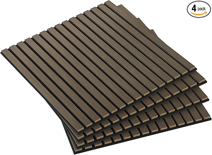 HOMCOM 4 Pack 3D Faux Wood Wall Panels, 24" x 24" Sound Absorbing Acoustic Panels, Wood Slat Wall Panels for Interior Wall Decor, Ceiling, Walnut