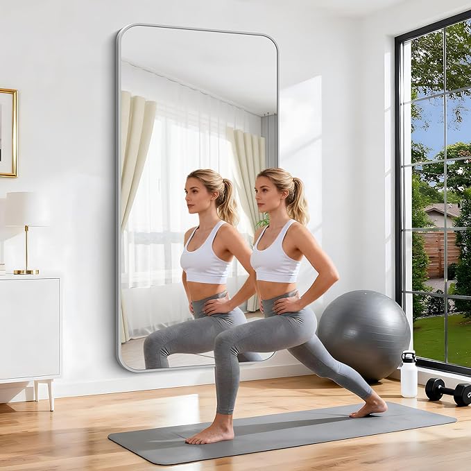 Silver Bathroom Mirror, 72 x 36 Inch Large Rectangle Mirror, Rectangular Vanity Mirror Aluminum Metal Frame, Rounded Corner Wall Mirror for Living Room Bedroom Entryway Horizontal/Vertical