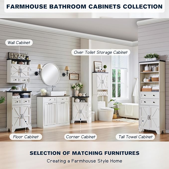 ACCOHOHO Bathroom Wall Cabinet, Farmhouse 24" Wide Medicine Cabinet with Drawer, Adjustable Shelf, Double Barn Doors, Storage Cabinets for Bathroom, Kitchen, Living Room, Off White