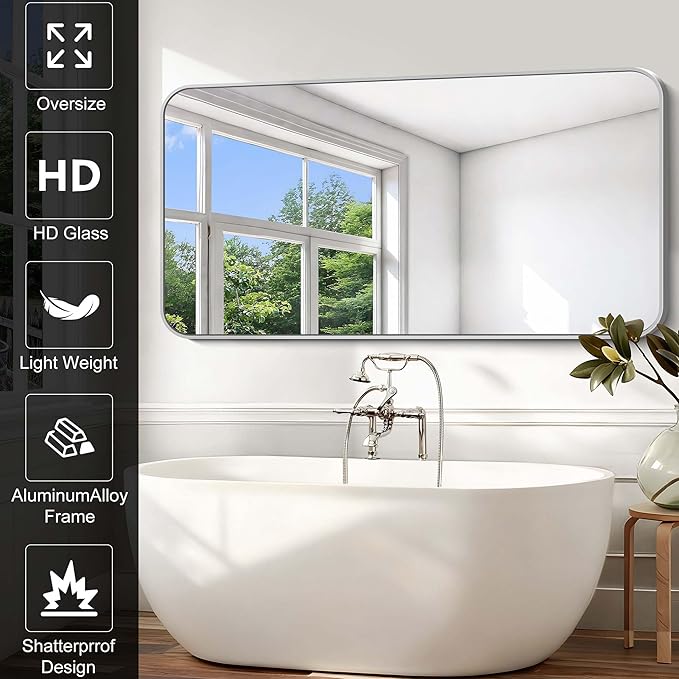 Silver Bathroom Mirror, 72 x 36 Inch Large Rectangle Mirror, Rectangular Vanity Mirror Aluminum Metal Frame, Rounded Corner Wall Mirror for Living Room Bedroom Entryway Horizontal/Vertical
