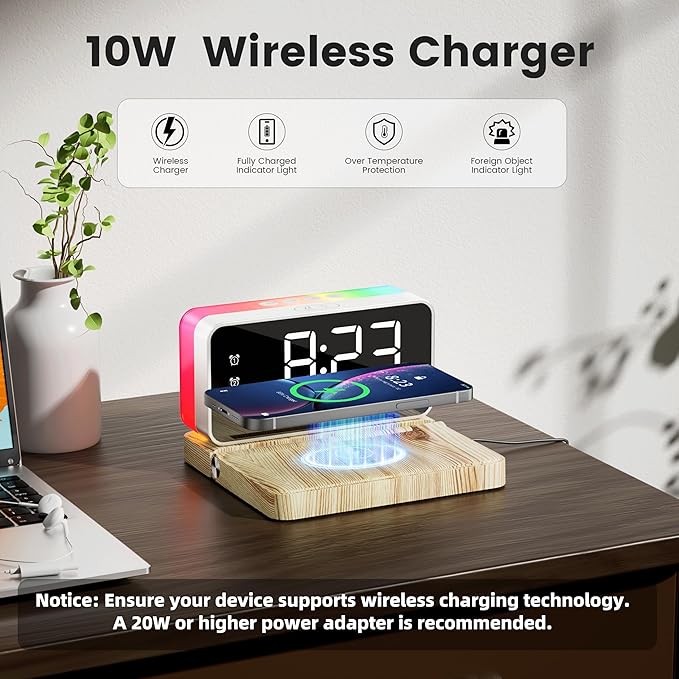 CHOUYONL Alarm Clocks for Bedrooms with Wireless Charger Station, Bluetooth Speaker, Woodgrain, White Noise Sound Machines, RGB Night Lights, Ideal Gift for Adult Man Women Teen Girls Boys