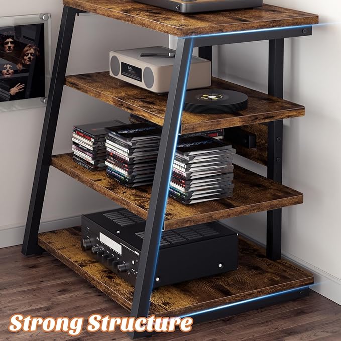 Besiost AV Media Stand with Outlets, Media Console with LED Lights, Stereo Racks and Stands with Storage Shelves, Media Audio Tower Cabinet, Rustic Brown