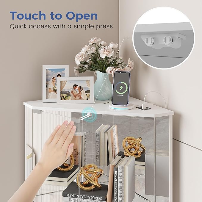 Dystler Corner Display Cabinet Set of 2 with Glass Doors, Small Display Case with 3-Color LED Lights and Charging Station, 2-Tier Curio Cabinet with Storage and Shelf, White