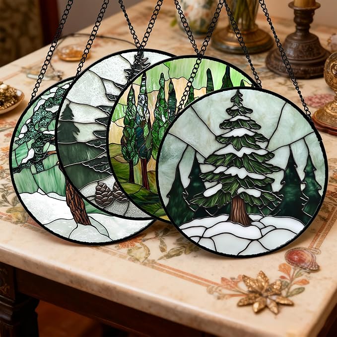 AMDERVEN Stained Glass Window Hanging 4 Pcs Set Forest Green Trees Winter Snow Large 11.8" - Suncatcher Door Garden Sun Catcher Home Decor Birthday Mother's Day for Woman Nana Mom Men