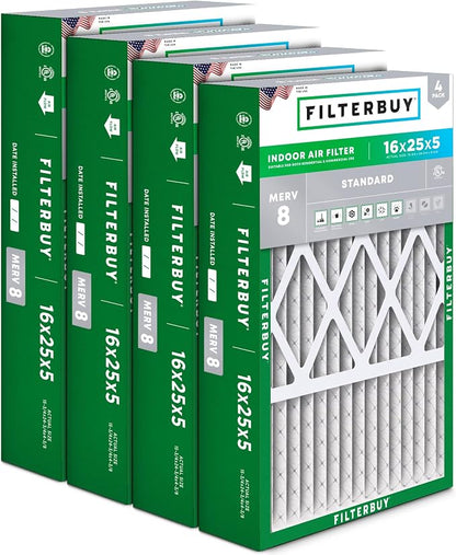 Filterbuy 16x25x5 Air Filter MERV 8 Essential Dust & Allergy Defense, Pleated by Filterbuy