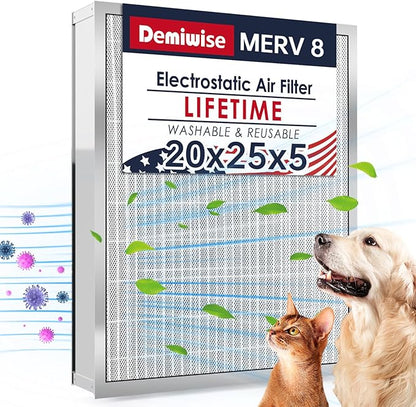 20x25x5 Washable Electrostatic Air Filter, MERV 8 Aluminum AC/HVAC Furnace by Demiwise