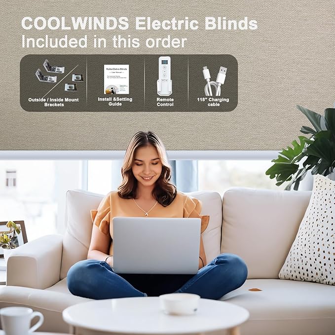 COOLWINDS Motorized Blinds with Remote Cordless Automatic Motorized Shades Custom Blinds for Windows Smart Curtains Compatible with Alexa Google Home(Blackout Sweet Latte,W57 x H72in)