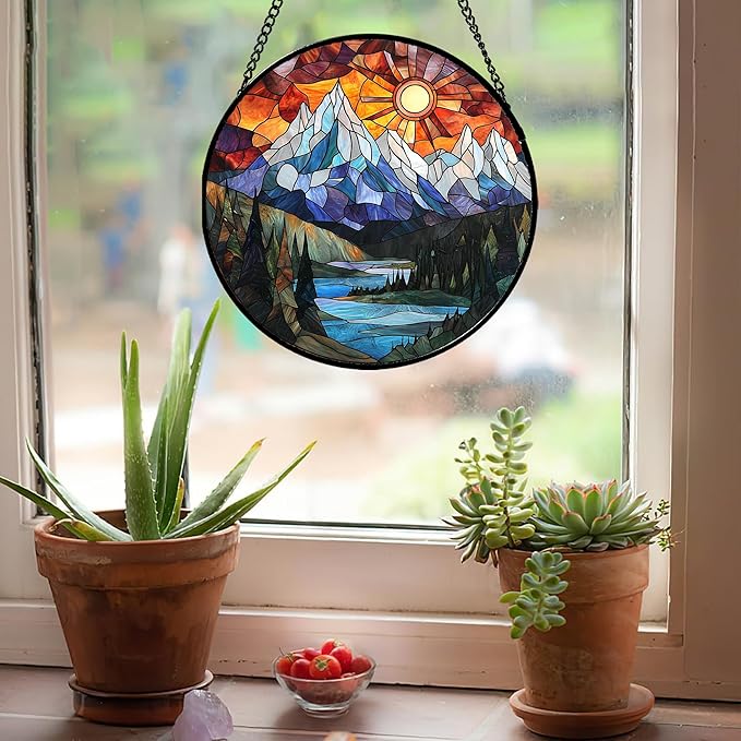 AMDERVEN Stained Glass Window Hanging - Colorful Mountain Lake Landscape Sun Catcher for Door Garden Home Decor Suncatcher Christmas Mother's Day Birthday Gifts for Women Men Mom Nana 7.8 in