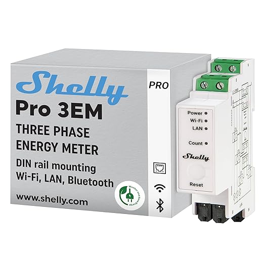 Shelly Pro 3EM (120A) | Wi-Fi & LAN, 3-Phase Smart Energy Meter | 2-Way Consumption | Home Automation | Bluetooth Gateway | Compatible with Alexa & Google Home | No Hub Required | Solar Panels