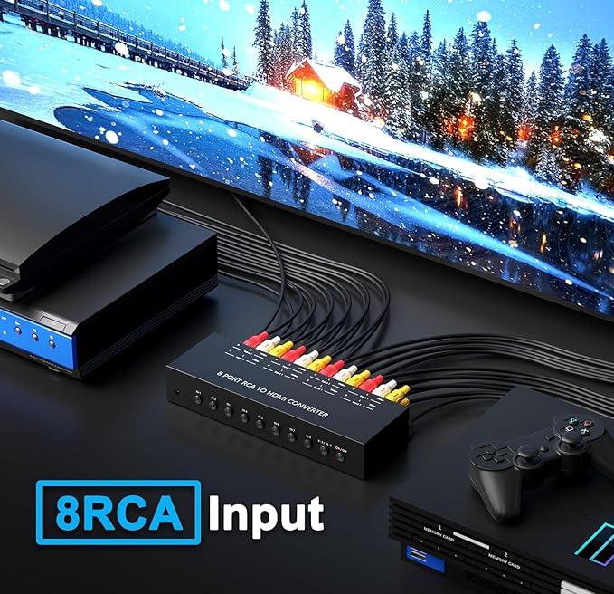 RuiPuo 8Port AV to HDMI Converter Adapter Support 16:9/4:3 Switch for Wii/N64/PS1/PS2/PS3/VHS/VCR/DVD Players etc (8Port RCA in to 1 HDMI Converter with IR Remote)