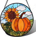 DASTOLL Stained Glass Window Hanging Fall Farm Scenery Sunflower Pumpkin 9.8" - Suncatcher Door Garden Kitchen Sunroom Sun Catcher Home Decor Birthday for Mom Grandma Men Woman