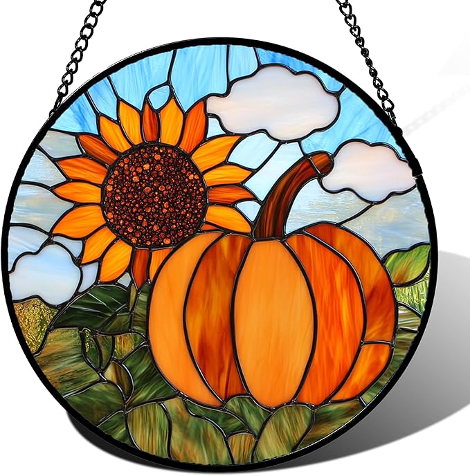 DASTOLL Stained Glass Window Hanging Fall Farm Scenery Sunflower Pumpkin 9.8" - Suncatcher Door Garden Kitchen Sunroom Sun Catcher Home Decor Birthday for Mom Grandma Men Woman