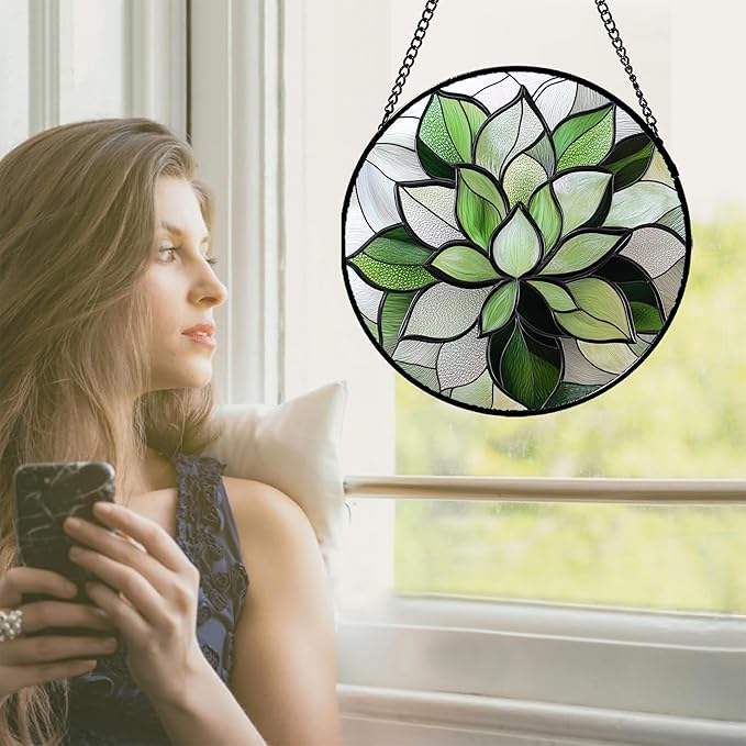 CRISGIF Stained Glass Window Hanging - Ireland Green Plants Suncatcher for Doors Garden Succulent Sun Catchers Decor Mother's St. Patrick's Day Birthday for Women Men Mom Nana 9.8 in