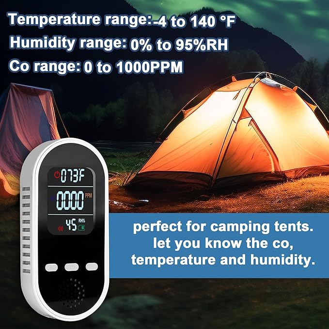 Vzmcov Portable Carbon Monoxide Detector Mini air Quality Monitor with Lanyard Alarm, CO Gas/Humidity Sensor/Indoor/Outdoor Thermometer, Battery Powered LED Screen