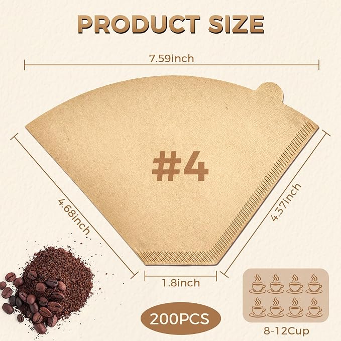 200 Count #4 Cone Coffee Filters 8-12 Cup, Unbleached Natural Paper, Disposable - Image 2
