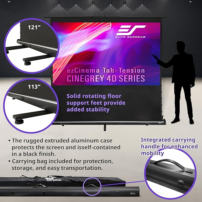 Elite Screens ezCinema Tab-Tension CineGrey 4D, 116-inch 16:9, Manual Floor Pull Up ISF Ceiling Ambient Light Rejecting, Portable Home Office Classroom Projector Screen with Carrying Bag, FT116UH-C4D