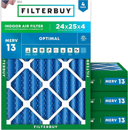 Filterbuy 24x25x4 Air Filter MERV 13 Optimal Smoke & Allergy Defense, by Filterbuy