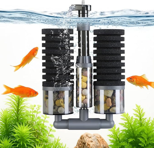 Dual Sponge Aquarium Filter, Air-Powered, 10–40 Gal – Ultra-Quiet Bio-Sponge by FKSC