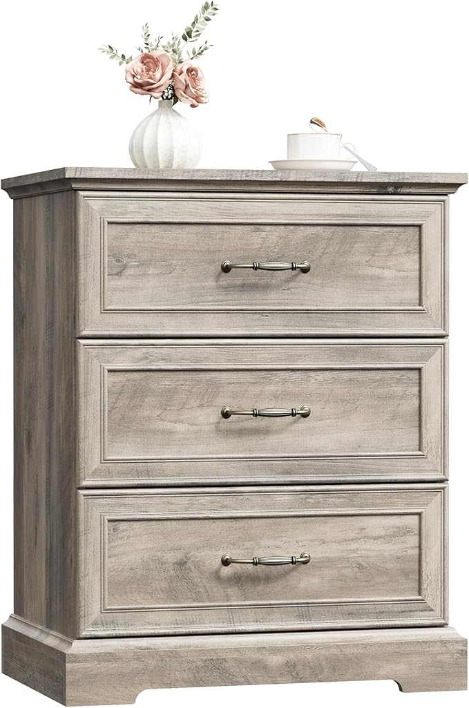 Nightstand Set of 2,24" Wide End Table with 3 Large Drawers & Metal Handles,Rustic Farmhouse Wood Small Dresser,Bedside Table,Modern Chest of Drawers for Bedroom,Living Room,Grey
