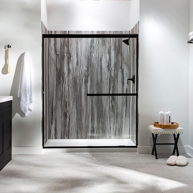 Palisade 78in x 60in x 30in Waterproof Vinyl Shower Surround Kit with Accessories in Louvre Granite