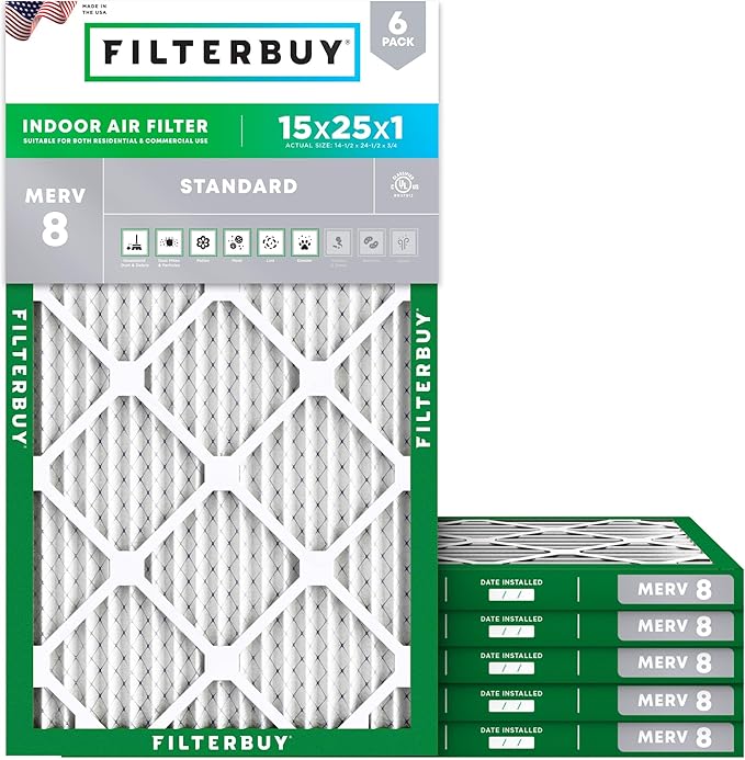 Filterbuy 15x25x1 Air Filter MERV 8 Essential Dust & Allergy Defense, by Filterbuy
