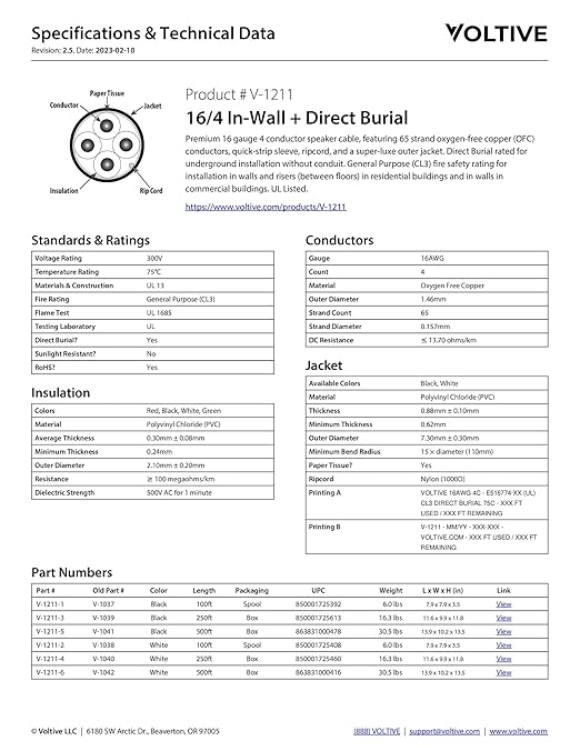 Voltive 16/4 Speaker Wire, in-Wall CL3 & Direct Burial, Black, 250ft - 16AWG, 4 Conductors, Stranded Oxygen-Free Copper, UL Listed - V-1211-3