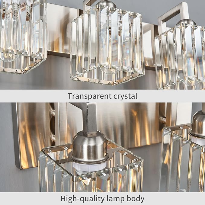 FDPBY Modern Bathroom Vanity Light 3-Lights Brushed Nickel Vanity Light Crystal Wall Light Bathroom Light Fixtures