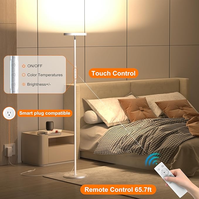 LED Floor Lamp, 3600LM Bright Standing Lamp 350W Equivalent with 2700K-6500K Stepless Dimming, Modern Torchiere Room Lamp with Remote/Touch Control, 69" Tall Lamp for Living Room Bedroom Office(White)
