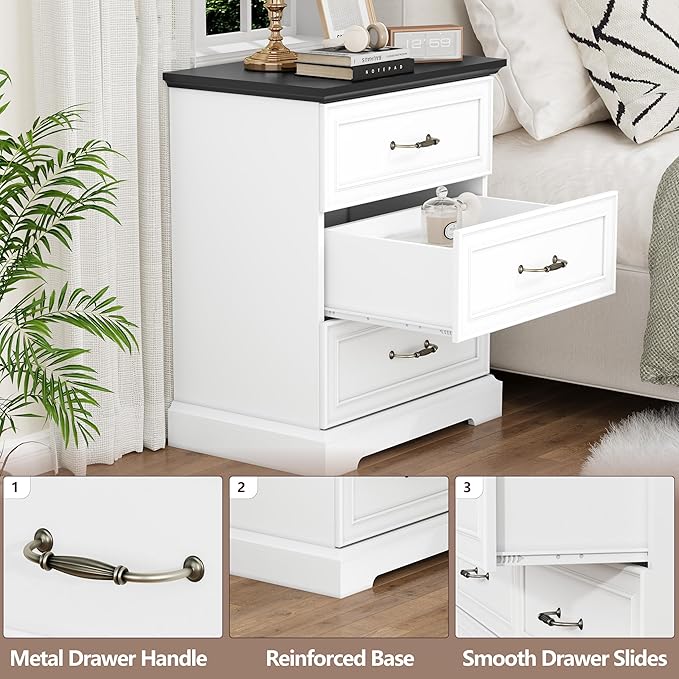 Nightstand Set of 2,24" Wide End Table with 3 Large Drawers & Metal Handles,Rustic Farmhouse Wood Small Dresser,Bedside Table,Modern Chest of Drawers for Bedroom,Living Room,White