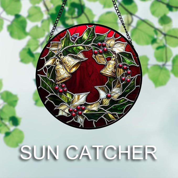 AMDERVEN Stained Glass Window Hanging 4 Pcs Set Christmas Golden Bell Sleigh Large 15" - Suncatcher Door Garden Sun Catcher Decor Birthday Mother's Day Xmas Gifts for Mom Woman Nana Men Parents