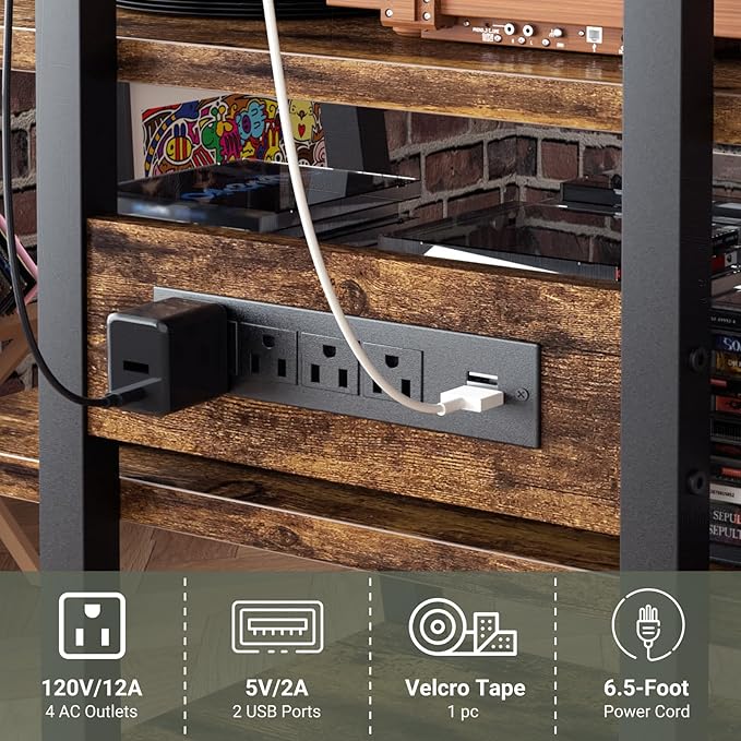 Besiost AV Media Stand with Outlets, Media Console with LED Lights, Stereo Racks and Stands with Storage Shelves, Media Audio Tower Cabinet, Rustic Brown