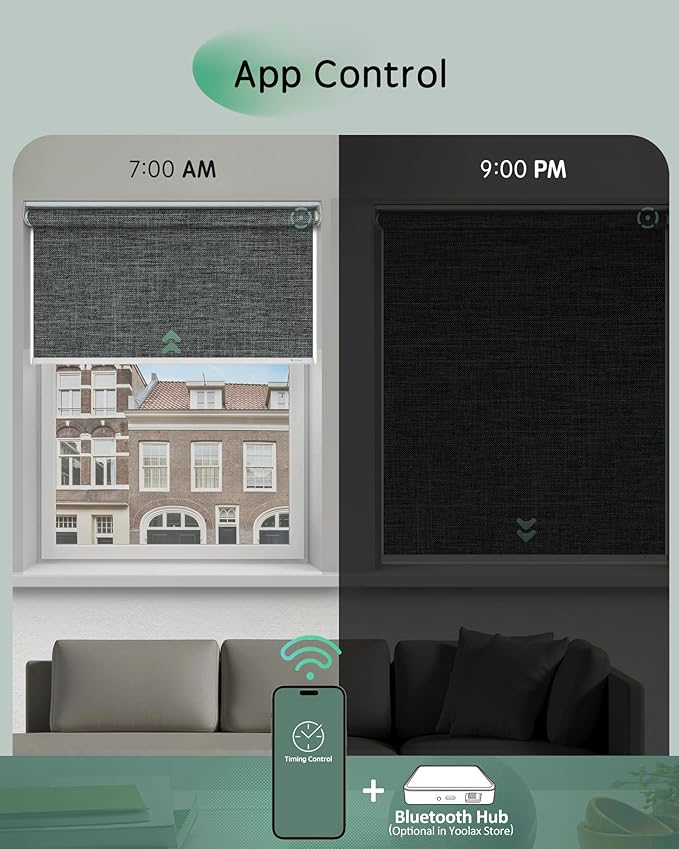 Yoolax Motorized Blinds App Control, Blackout Roller Shades for Windows, Cordless Automatic Shades Roller Window Blinds for Bedroom Living Room Office (Blackout Ashfall Gray, 37" W x 72" H)