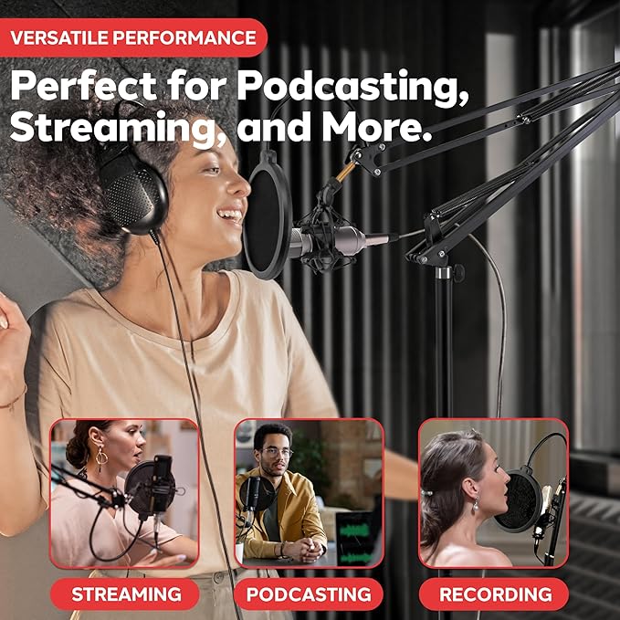 Pyle Microphone Boom Suspension Stand - Scissor Arm Mic Mount w/Shock Mount, Integrated Pop Filter, 3.1' ft. Max Extension, Suitable for Podcast Recording, Broadcasting, Streaming, Stage & Studio Use