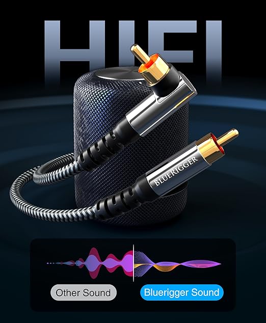 BlueRigger Subwoofer Cable 90D (35FT, RCA Audio, Dual Shielded, Gold Plated, Right Angled Male RCA Connectors) – Compatible with Subwoofer, Amplifier, Home Theater