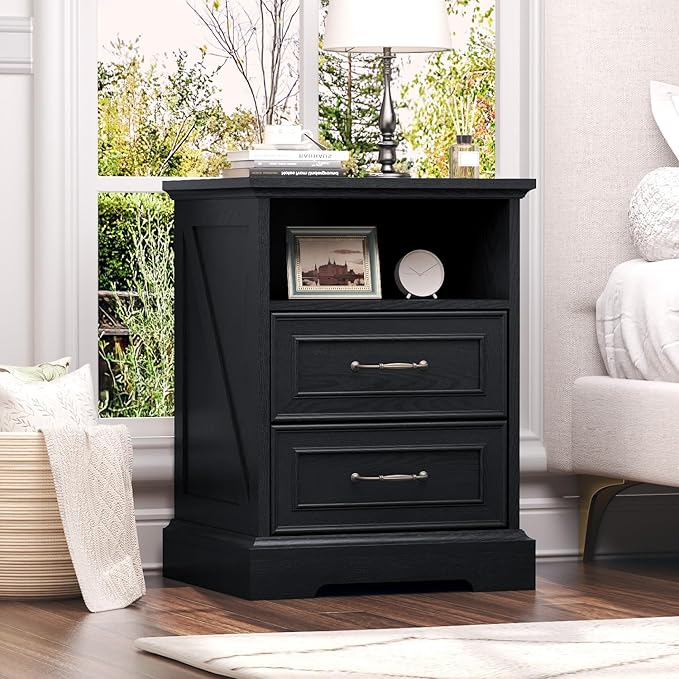 Nightstand with Charging Station Set of 2,18" Wide End Table with 2 Large Drawers & Metal Handles,Farmhouse Wood Small Dresser,Bedside Table,Modern Chest of Drawers for Bedroom,Living Room,Black