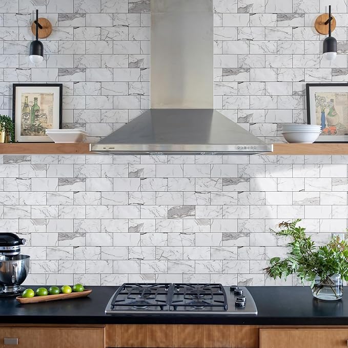 Vamos Tile Peel and Stick Backsplash Tile, 3''x6'' PVC Subway Tile, Stick on Backsplash for Kitchen/Bathroom/Fireplace,4-Piece Glossy Statury White with Dark Gray Grout