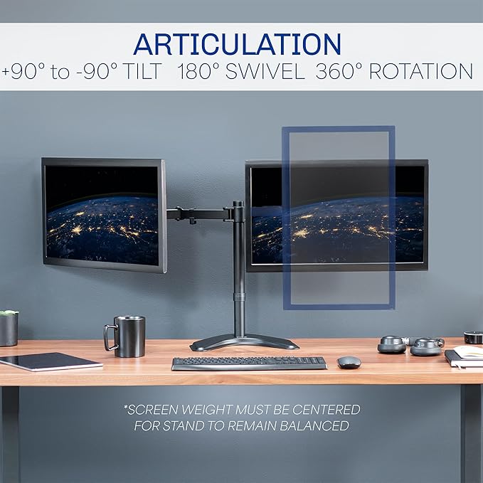 VIVO STAND-V002F Dual LED LCD Monitor Free-Standing Desk Stand for 2 Screens up to 27 Inch Heavy-Duty Fully Adjustable Arms with Max VESA 100x100mm