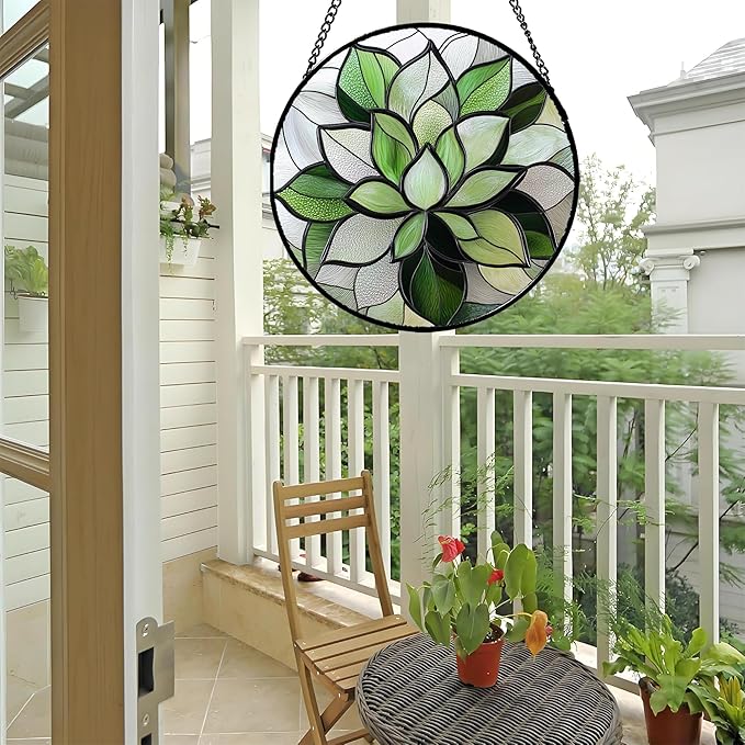 CRISGIF Stained Glass Window Hanging - Ireland Green Plants Suncatcher for Doors Garden Succulent Sun Catchers Decor Mother's St. Patrick's Day Birthday for Women Men Mom Nana 6.3 in