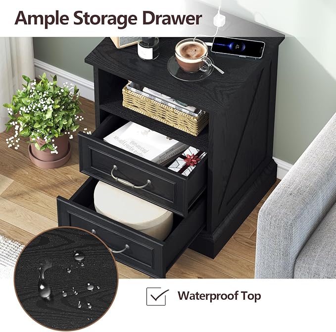 Nightstand with Charging Station Set of 2,18" Wide End Table with 2 Large Drawers & Metal Handles,Farmhouse Wood Small Dresser,Bedside Table,Modern Chest of Drawers for Bedroom,Living Room,Black