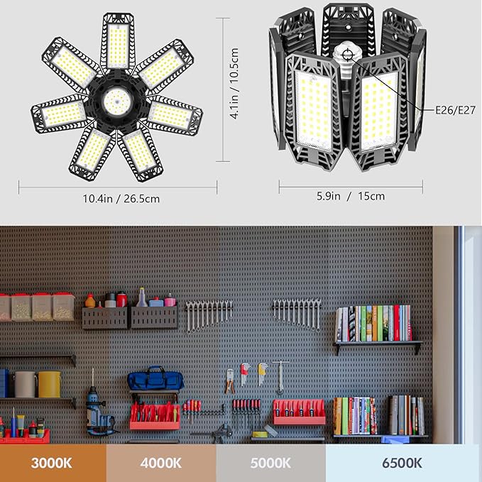 CHENGCHILIT LED Garage Light 8 Pack - 200w 20000LM 6500K Garage Lights Ceiling LED with 7+1 Adjustable Panels, Shop Lights Screw in E26 E27 Bulb Socket for Workshop, Storage Room, Basement, Warehouse