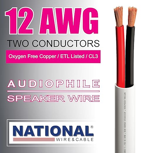 NATIONAL Wire&Cable - 12/2 Audiophile Speaker Wire (100 Feet) 12AWG Gauge - Made in USA - in Wall Audio Speaker Wire Cable/CL Rated/ETL Listed / 2 Conductors - OFC Oxygen-Free Copper, White 100ft