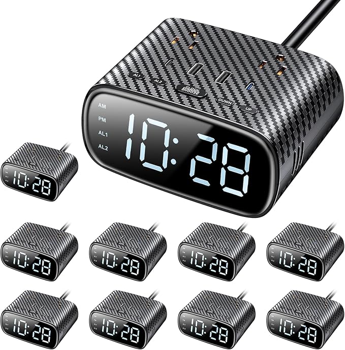 10PCS Alarm Clock with 2 USB-C, 2 USB-A Chargers Power Strip 2 Outlets - Screen LED Dimmable Digital Clock with Snooze Function - Dual Alarm for Bedside Nightstand